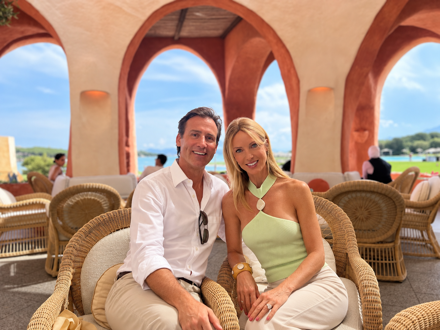Cristie Crociani Delrieu and husband in Cala di Volpe, Sardegna